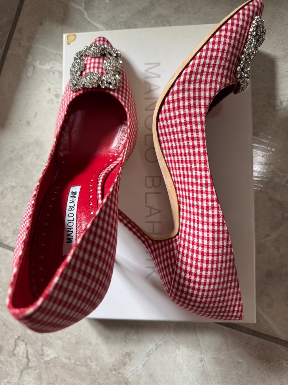 Manolo Blahnik Red Gingham Crystal-Buckle Pointed Toe Pumps - Picture 4 of 6